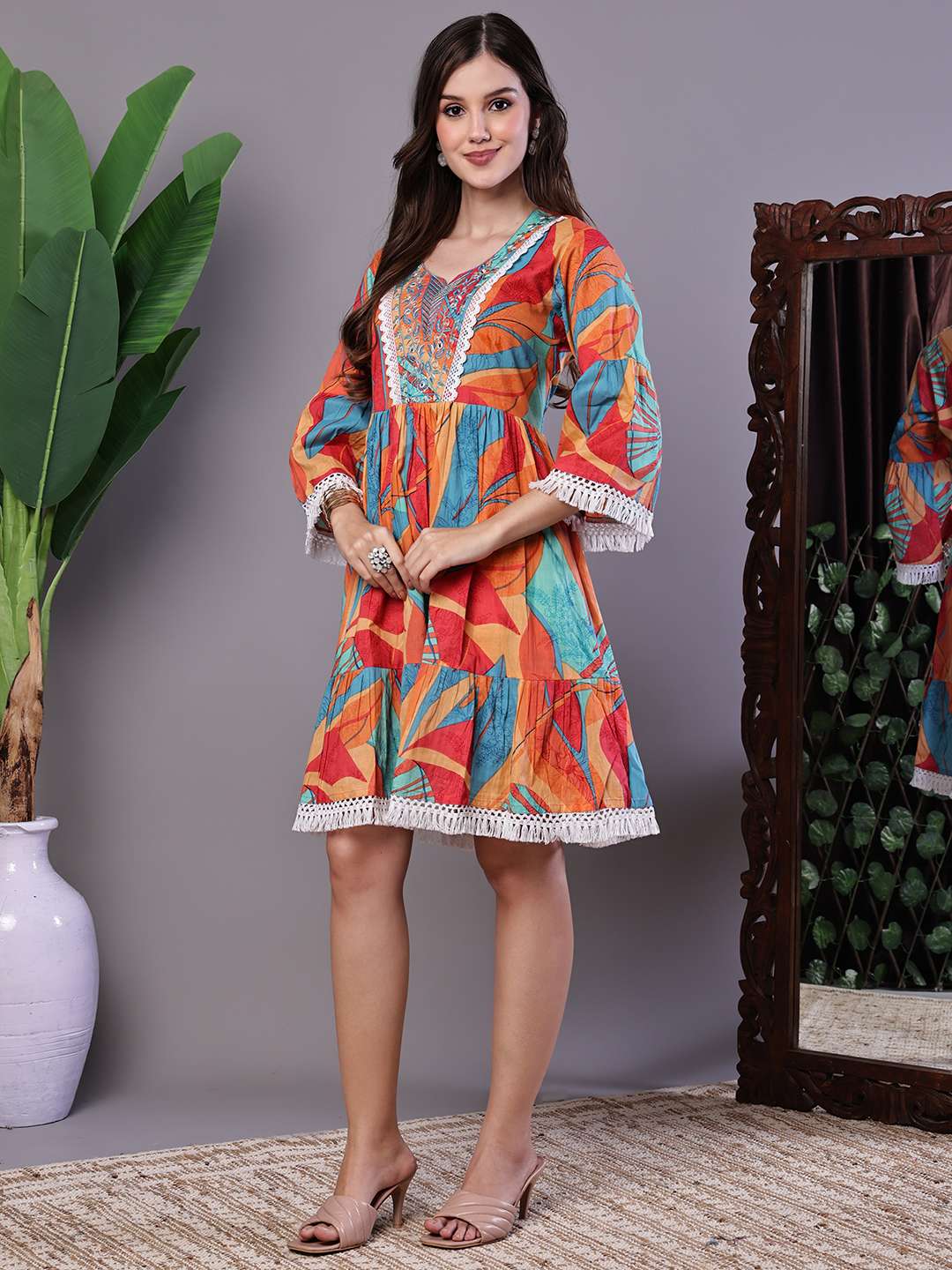 Wome's Vibrant Print Cotton Tunic Dress with Crochet Lace & Three-Quarter Sleeves Midi Dresses - Image 3